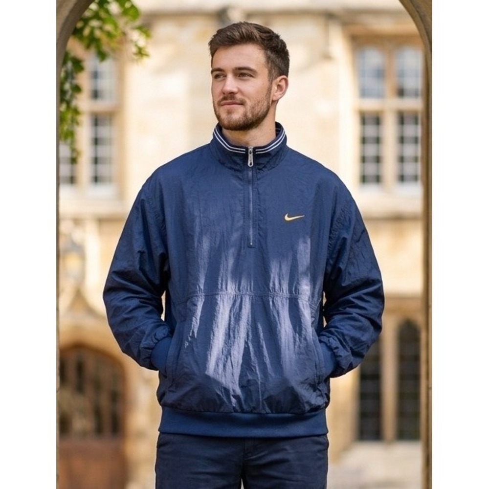 Vintage Nike Windbreaker‎ Jacket Men XL Navy Blue Gold Spellout 1/2 Zip Pullover